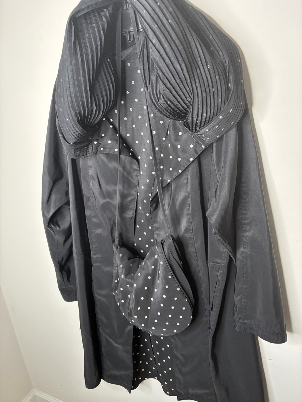 Source Unknown Black Trench Coat with White Polka Dot Lining